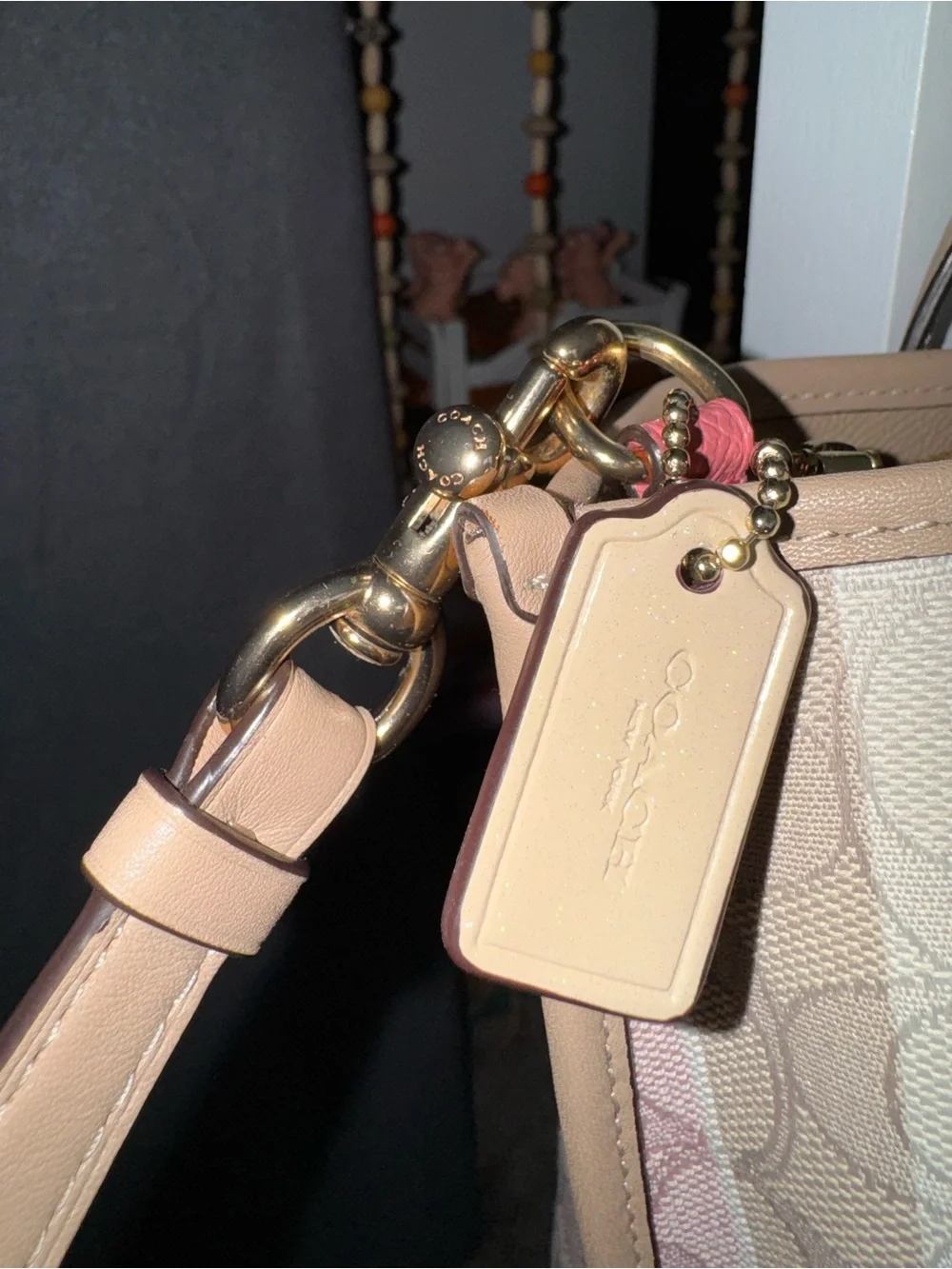 COACH Heritage Signature Horse Stripe Tote Pink & Beige